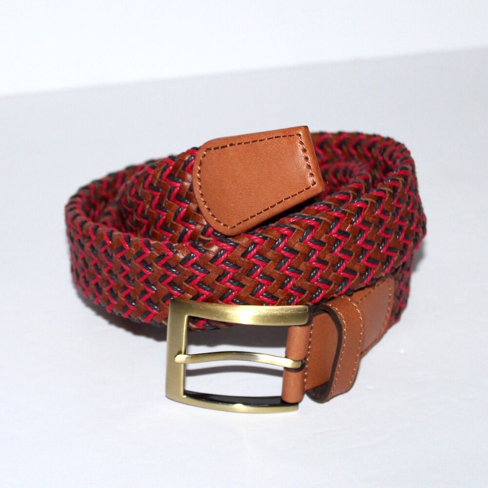Land's End Belt Men Braided Leather Brown Red size L gold color buckle